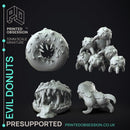 Donut Monsters - 4 Baked Monsters -  PRESUPPORTED - Illustrated and Stats - 32mm scale