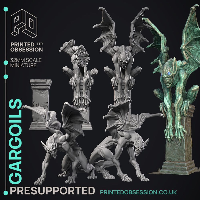 Gargoils - 5 Models - Halloween -  PRESUPPORTED - Illustrated and Stats - 32mm scale