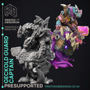 Geckold Guard Captain  - Geckolds -  PRESUPPORTED - Illustrated and Stats - 32mm scale