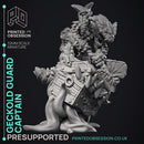 Geckold Guard Captain  - Geckolds -  PRESUPPORTED - Illustrated and Stats - 32mm scale