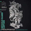 Geckold Guard Captain  - Geckolds -  PRESUPPORTED - Illustrated and Stats - 32mm scale