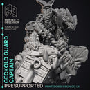 Geckold Guard Captain  - Geckolds -  PRESUPPORTED - Illustrated and Stats - 32mm scale