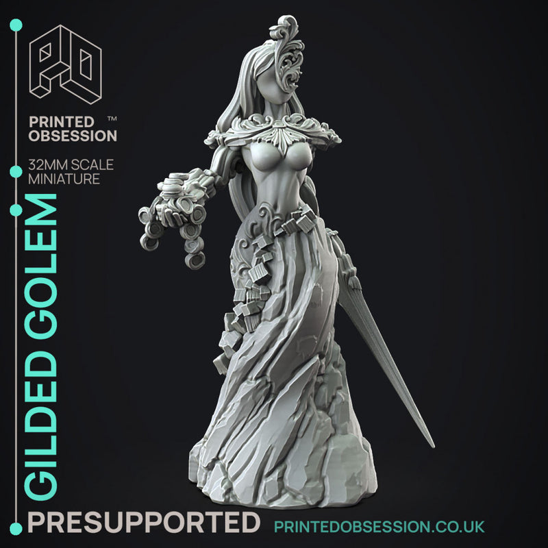 Guilded Golem - Flesh of Gold -  PRESUPPORTED - Illustrated and Stats - 32mm scale