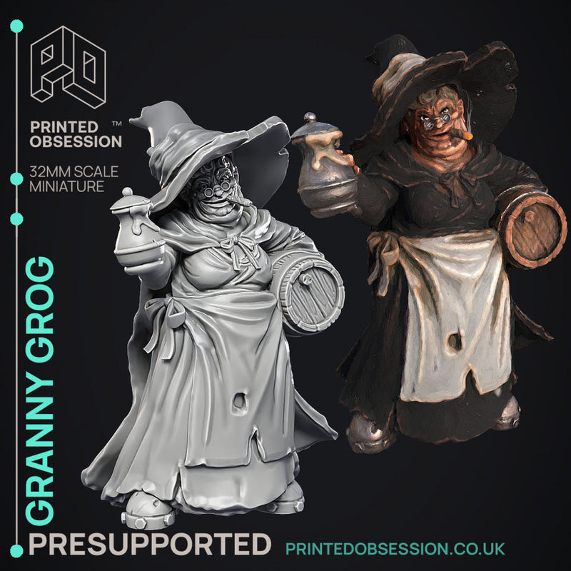 Granny Grog - Black Witch -  PRESUPPORTED - Illustrated and Stats - 32mm scale