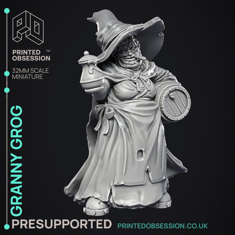 Granny Grog - Black Witch -  PRESUPPORTED - Illustrated and Stats - 32mm scale