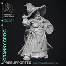 Granny Grog - Black Witch -  PRESUPPORTED - Illustrated and Stats - 32mm scale