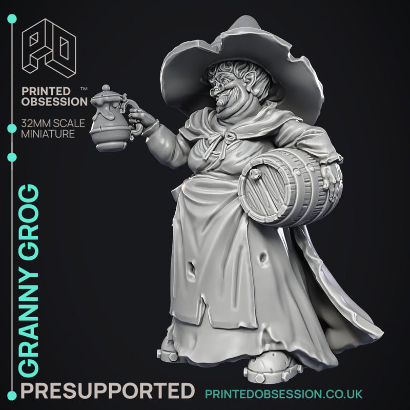 Granny Grog - Black Witch -  PRESUPPORTED - Illustrated and Stats - 32mm scale