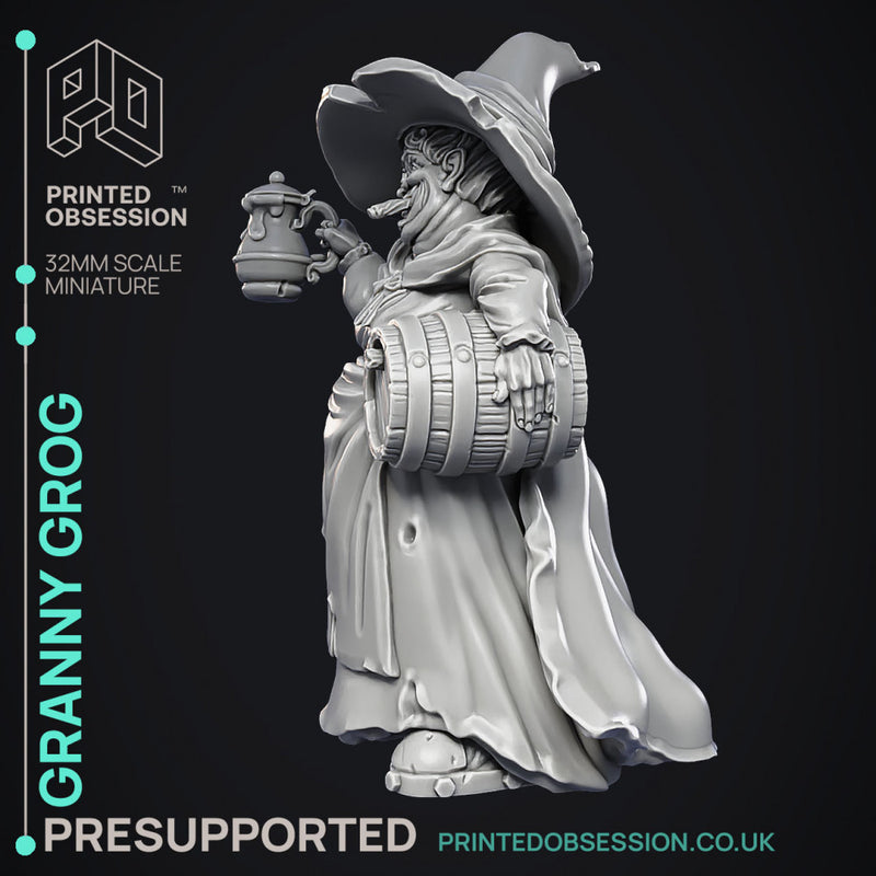 Granny Grog - Black Witch -  PRESUPPORTED - Illustrated and Stats - 32mm scale