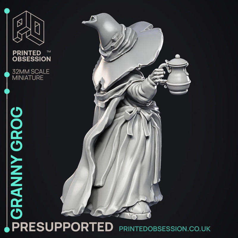 Granny Grog - Black Witch -  PRESUPPORTED - Illustrated and Stats - 32mm scale