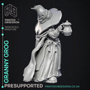Granny Grog - Black Witch -  PRESUPPORTED - Illustrated and Stats - 32mm scale