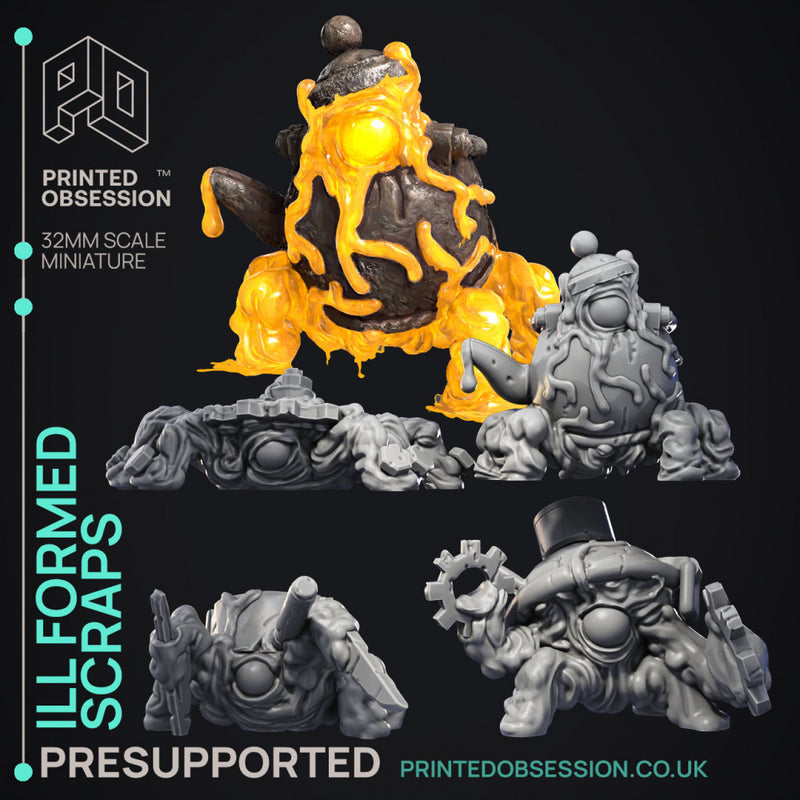 Ill Formed Scraps - 4 Scrap Monsters - PRESUPPORTED - Illustrated and Stats - 32mm scale