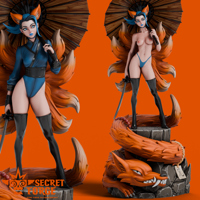 Demon Fox Form - Luna - Beauties & Beasts: Raised by Dragons, Kitsune Assassin, Female Ninja Warrior with Parasol, Katana and Fox Tails