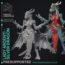 Lady Argenti - Female Silver Dragon Humanoid Form -  PRESUPPORTED - Illustrated and Stats - 32mm scale