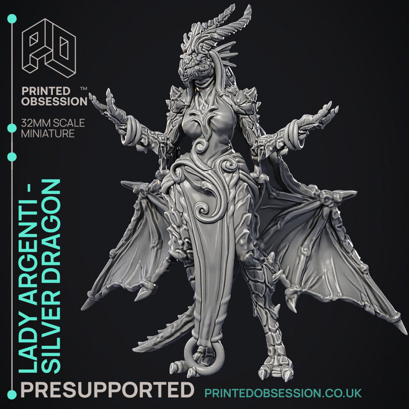 Lady Argenti - Female Silver Dragon Humanoid Form -  PRESUPPORTED - Illustrated and Stats - 32mm scale