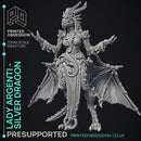 Lady Argenti - Female Silver Dragon Humanoid Form -  PRESUPPORTED - Illustrated and Stats - 32mm scale
