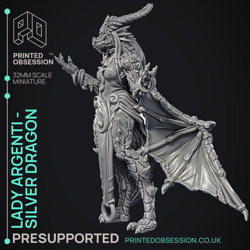 Lady Argenti - Female Silver Dragon Humanoid Form -  PRESUPPORTED - Illustrated and Stats - 32mm scale