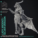 Lady Argenti - Female Silver Dragon Humanoid Form -  PRESUPPORTED - Illustrated and Stats - 32mm scale