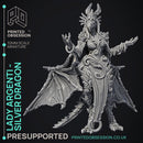 Lady Argenti - Female Silver Dragon Humanoid Form -  PRESUPPORTED - Illustrated and Stats - 32mm scale