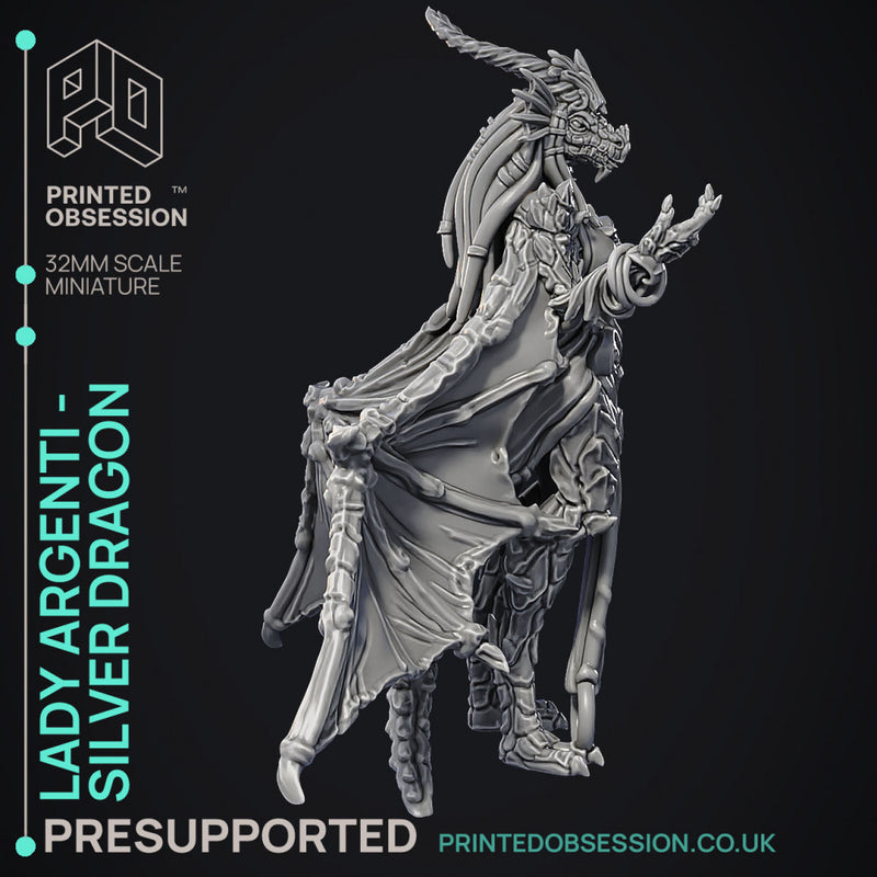 Lady Argenti - Female Silver Dragon Humanoid Form -  PRESUPPORTED - Illustrated and Stats - 32mm scale