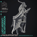 Lady Argenti - Female Silver Dragon Humanoid Form -  PRESUPPORTED - Illustrated and Stats - 32mm scale