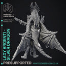Lady Argenti - Female Silver Dragon Humanoid Form -  PRESUPPORTED - Illustrated and Stats - 32mm scale