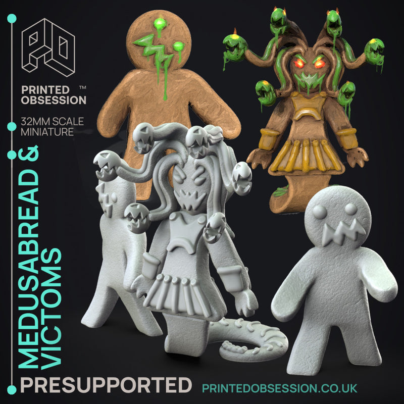 Gingerbread Medusa & Victoms - 3 Models -  PRESUPPORTED - Illustrated and Stats - 32mm scale