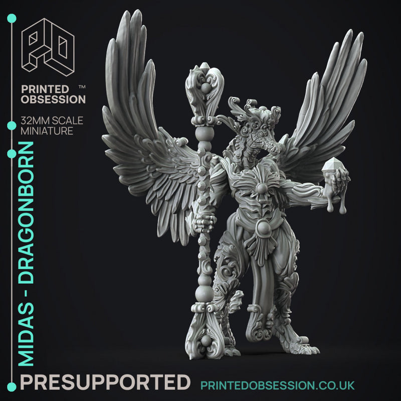 Midas Dragon - Flesh of Gold -  PRESUPPORTED - Illustrated and Stats - 32mm scale