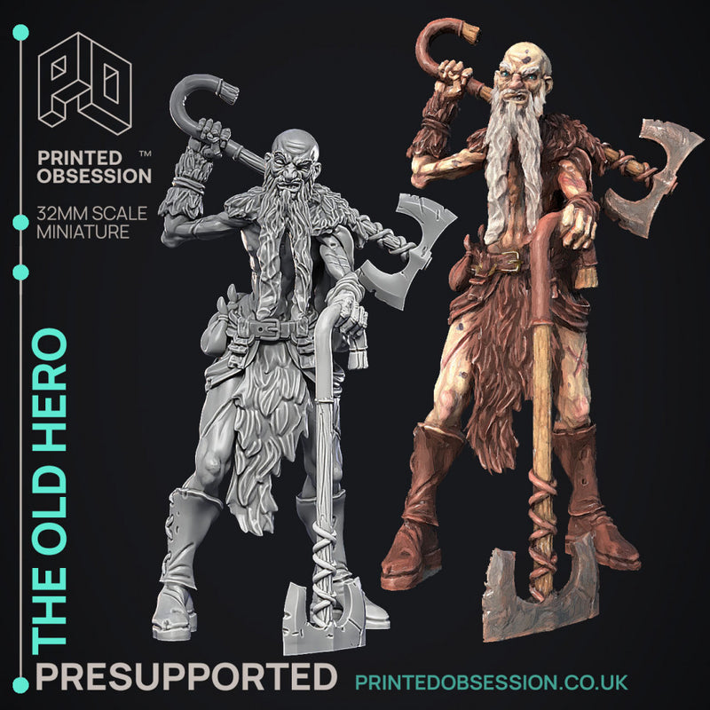 Old Hero - Barbarian -  PRESUPPORTED - Illustrated and Stats - 32mm scale