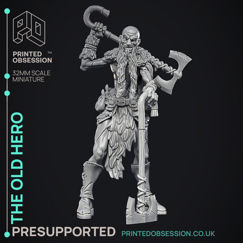 Old Hero - Barbarian -  PRESUPPORTED - Illustrated and Stats - 32mm scale