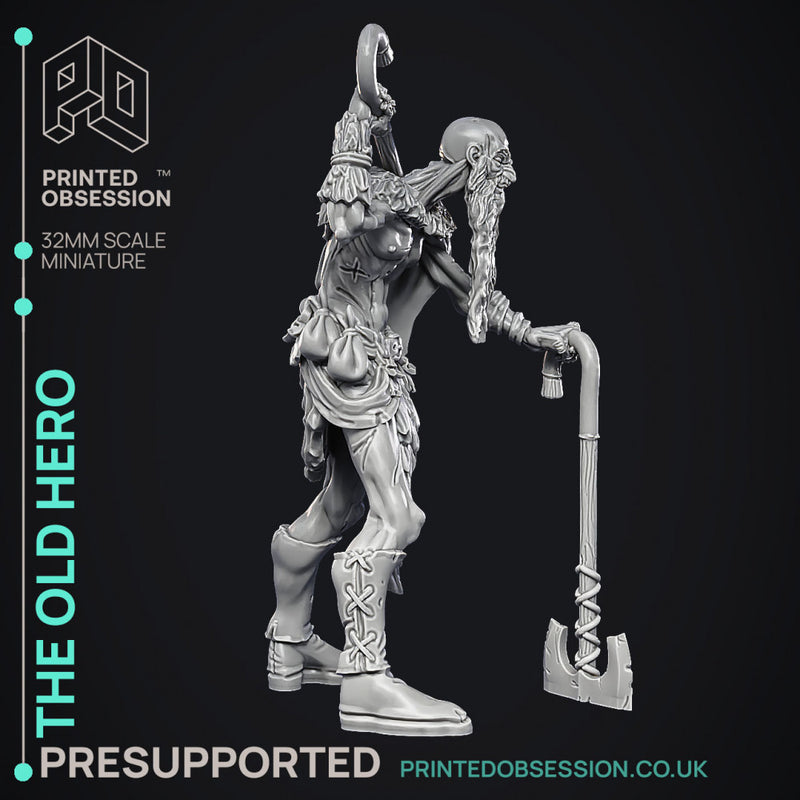 Old Hero - Barbarian -  PRESUPPORTED - Illustrated and Stats - 32mm scale