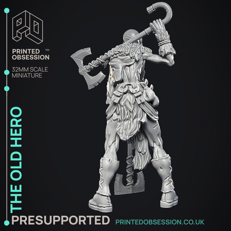 Old Hero - Barbarian -  PRESUPPORTED - Illustrated and Stats - 32mm scale