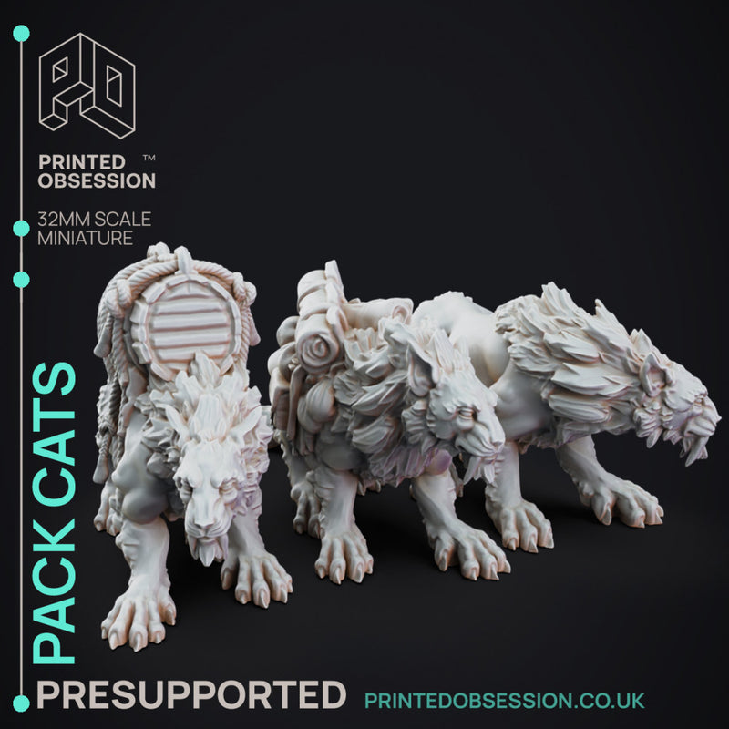 Tabaxi Trader & Pack Cats - Tabaxi Caravan - PRESUPPORTED - 4 models - 32mm Scale - Illustrated & Stats