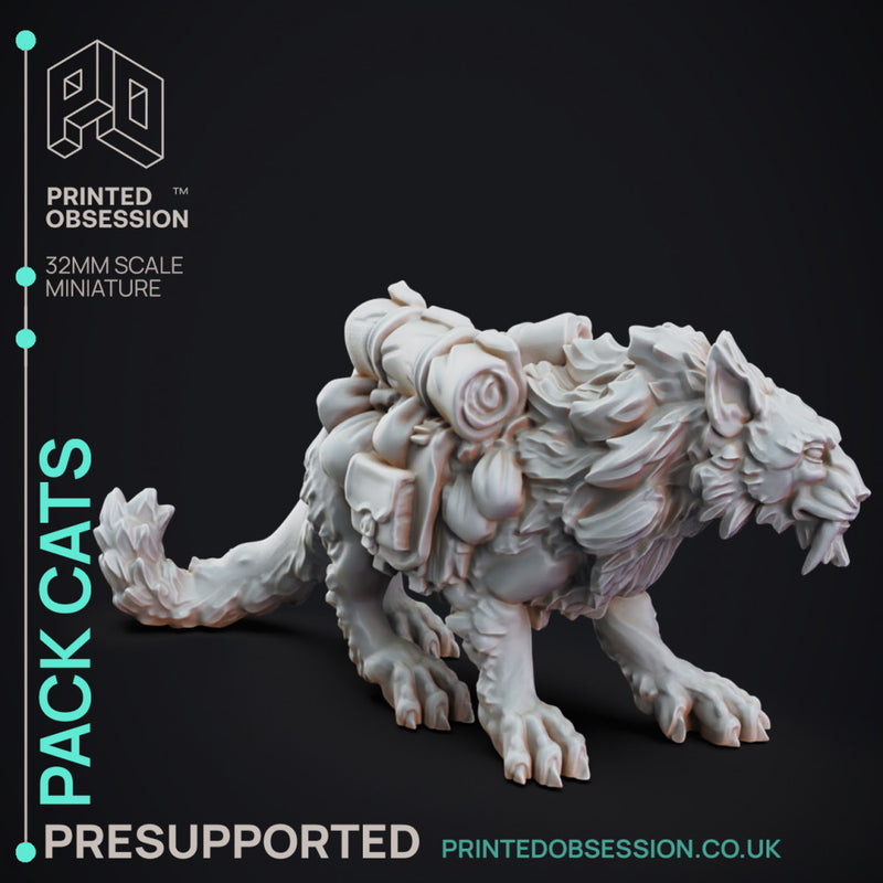 Tabaxi Trader & Pack Cats - Tabaxi Caravan - PRESUPPORTED - 4 models - 32mm Scale - Illustrated & Stats