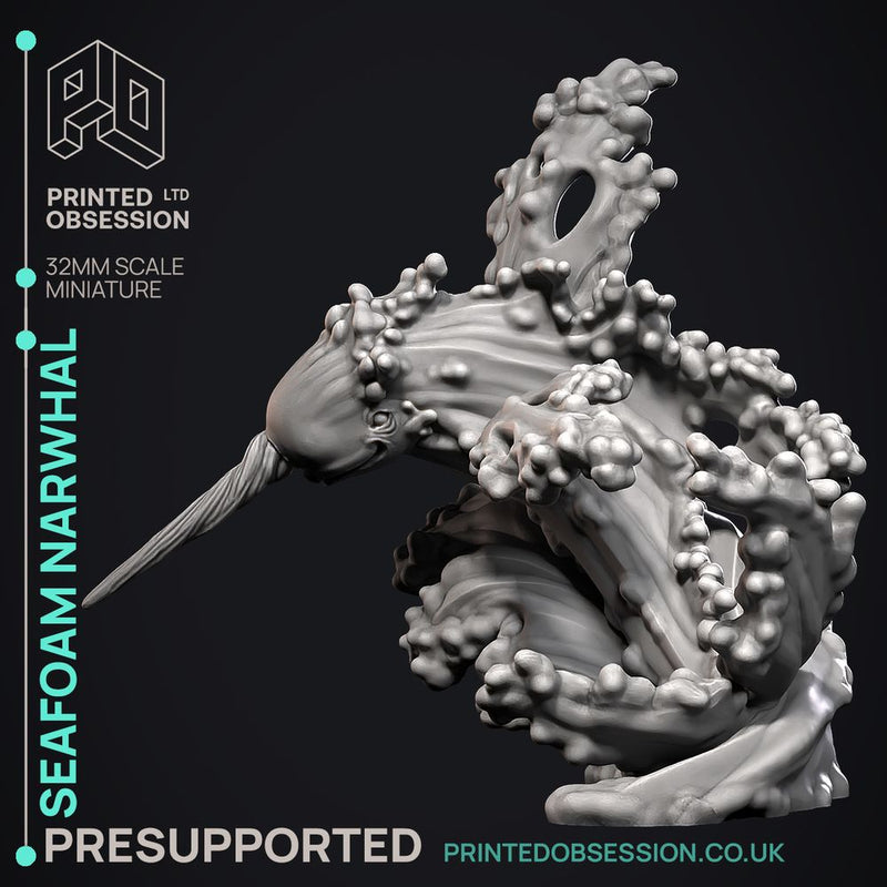 Seafoam Narwhal - Elemental Creatures -  PRESUPPORTED - Illustrated and Stats - 32mm scale