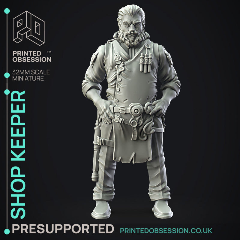 Shop Keeper - NPC -  PRESUPPORTED - Illustrated and Stats - 32mm scale - Only-Games