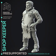 Shop Keeper - NPC -  PRESUPPORTED - Illustrated and Stats - 32mm scale - Only-Games
