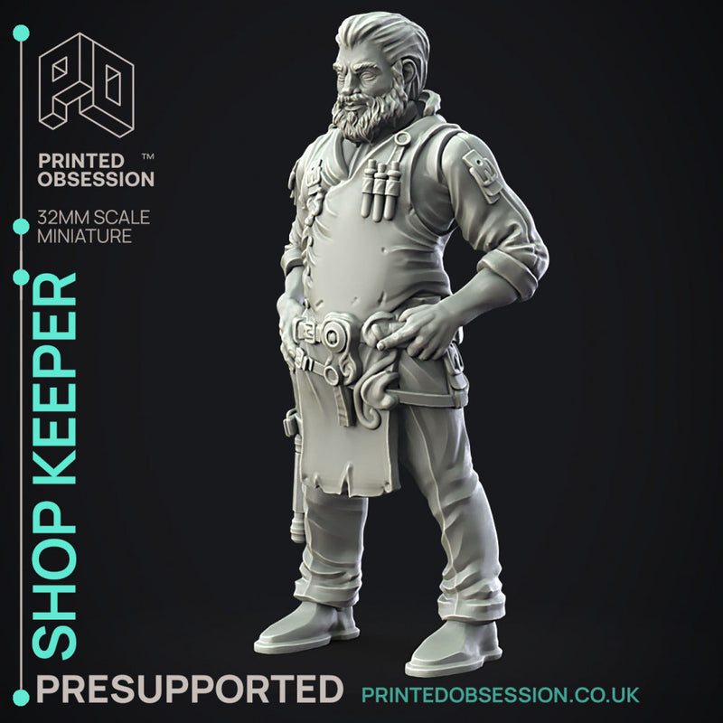 Shop Keeper - NPC -  PRESUPPORTED - Illustrated and Stats - 32mm scale - Only-Games