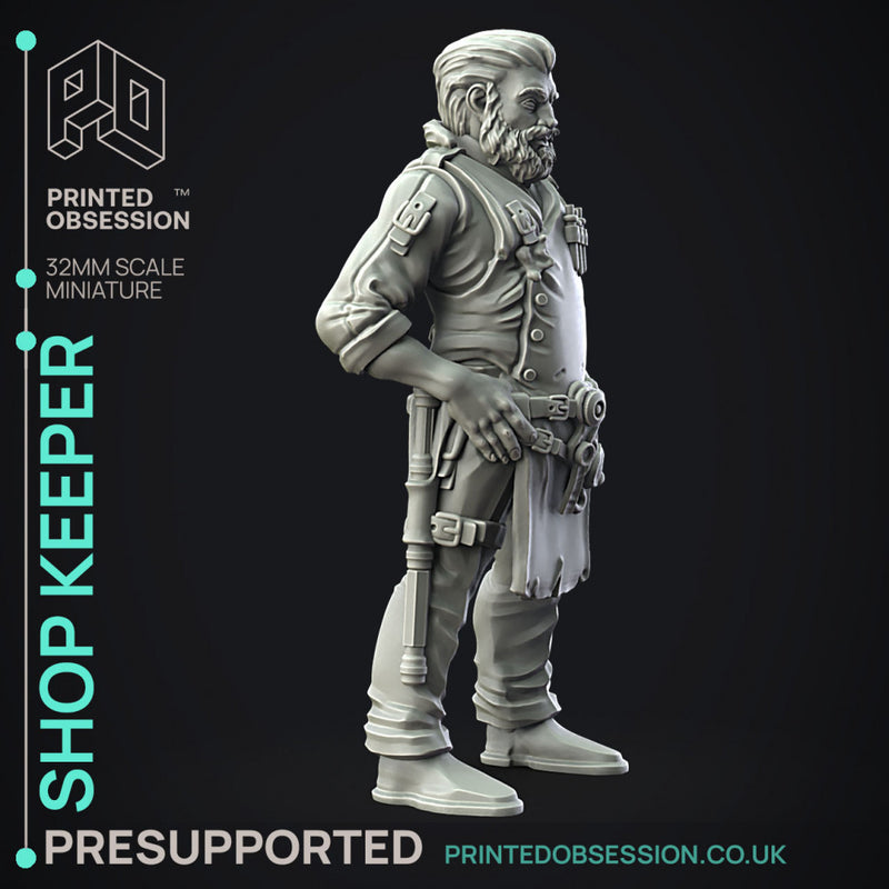 Shop Keeper - NPC -  PRESUPPORTED - Illustrated and Stats - 32mm scale - Only-Games