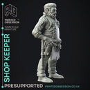 Shop Keeper - NPC -  PRESUPPORTED - Illustrated and Stats - 32mm scale