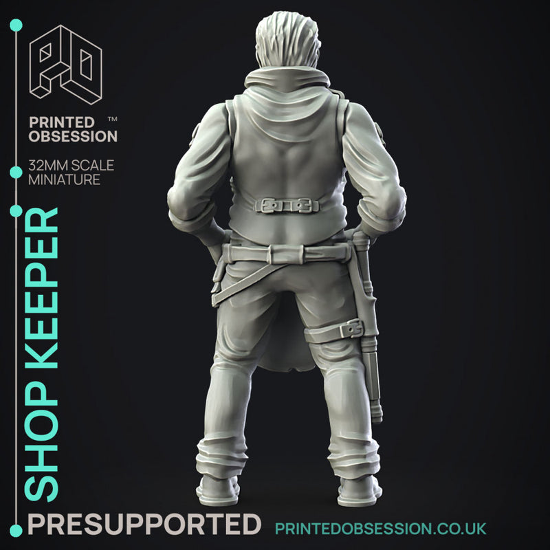 Shop Keeper - NPC -  PRESUPPORTED - Illustrated and Stats - 32mm scale - Only-Games