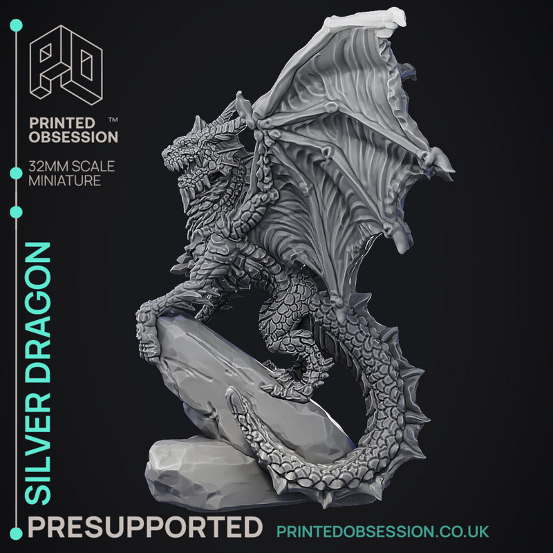 Silver Dragon - Large Model -  PRESUPPORTED - Illustrated and Stats - 32mm scale