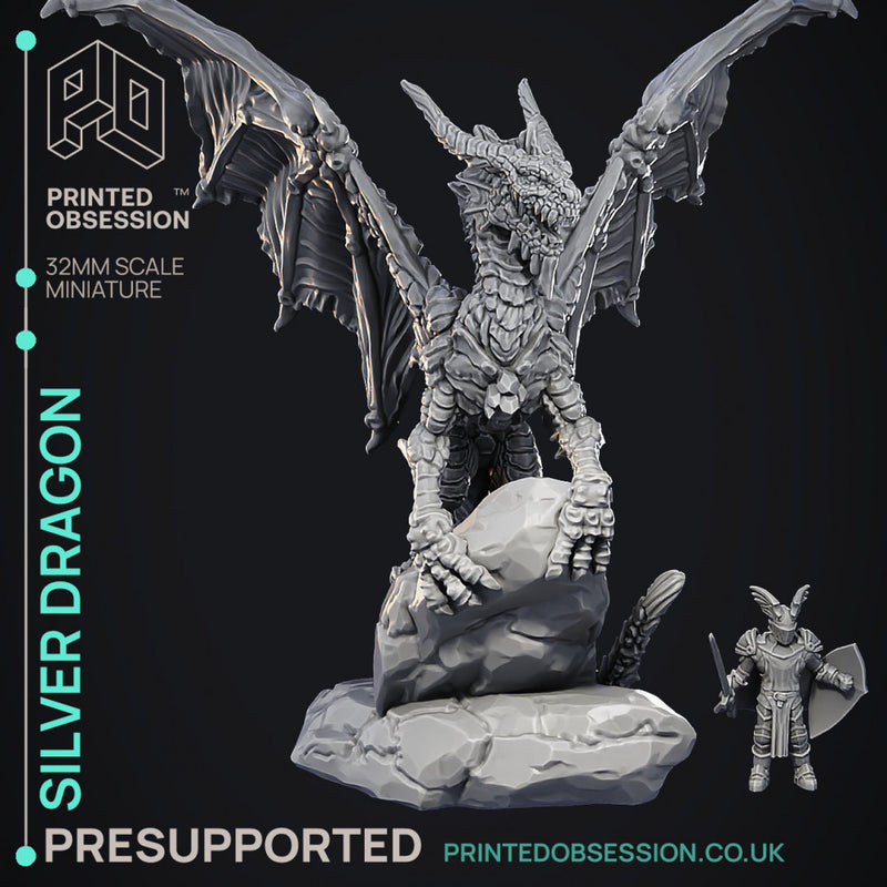 Silver Dragon - Large Model -  PRESUPPORTED - Illustrated and Stats - 32mm scale