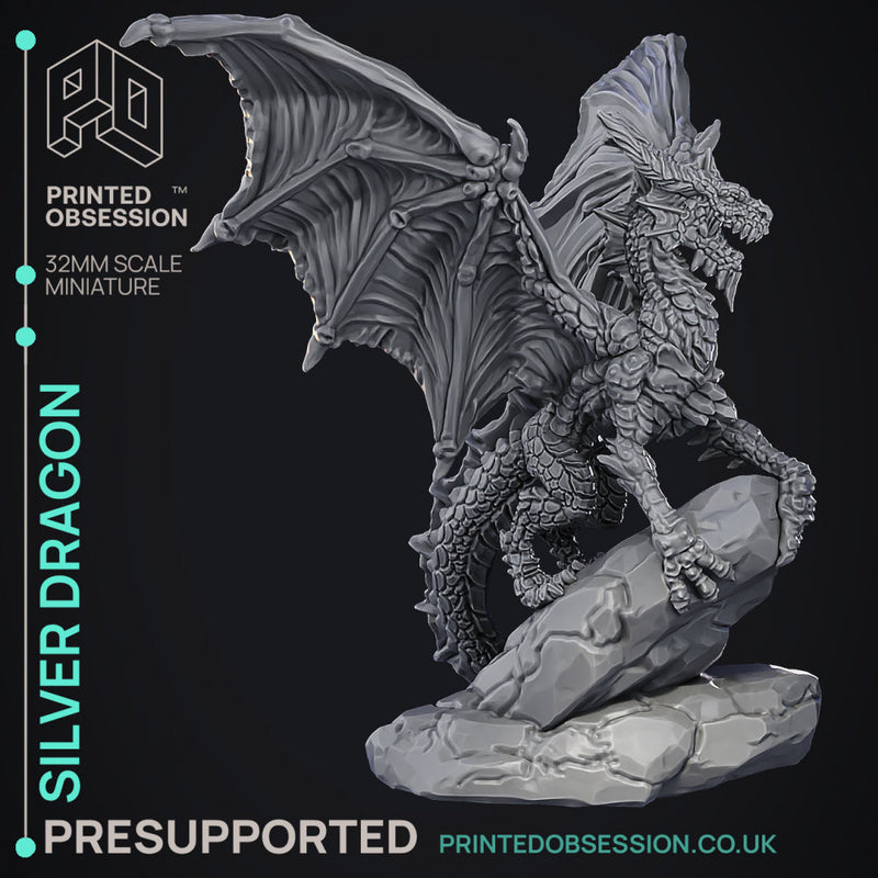 Silver Dragon - Large Model -  PRESUPPORTED - Illustrated and Stats - 32mm scale