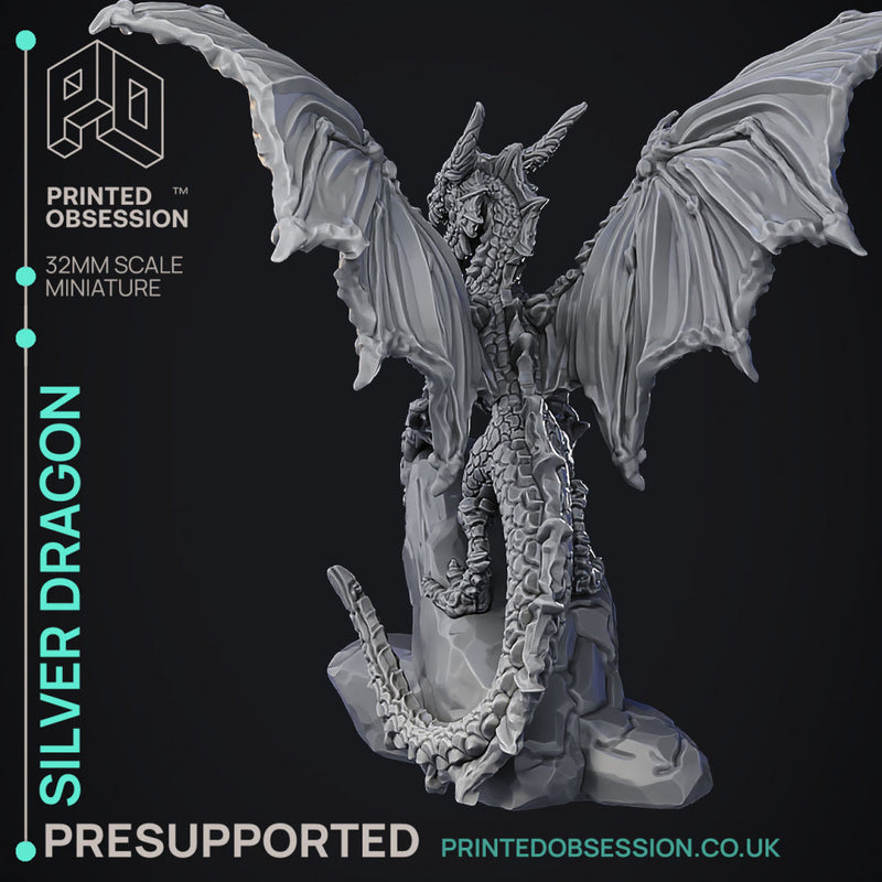 Silver Dragon - Large Model -  PRESUPPORTED - Illustrated and Stats - 32mm scale