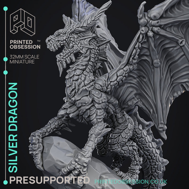 Silver Dragon - Large Model -  PRESUPPORTED - Illustrated and Stats - 32mm scale