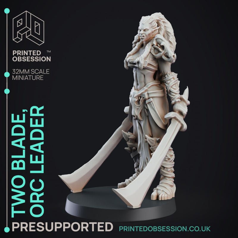 Two Blade - Female Orc Commander - PRE SUPPORTED - 32 mm scale miniature