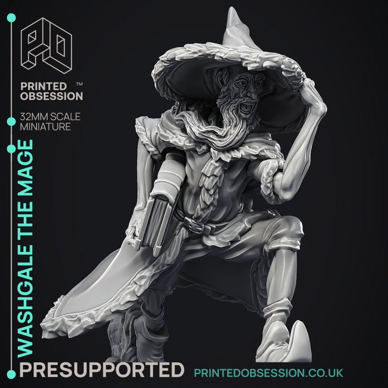Washgale the mage - Wizzard -  PRESUPPORTED - Illustrated and Stats - 32mm scale