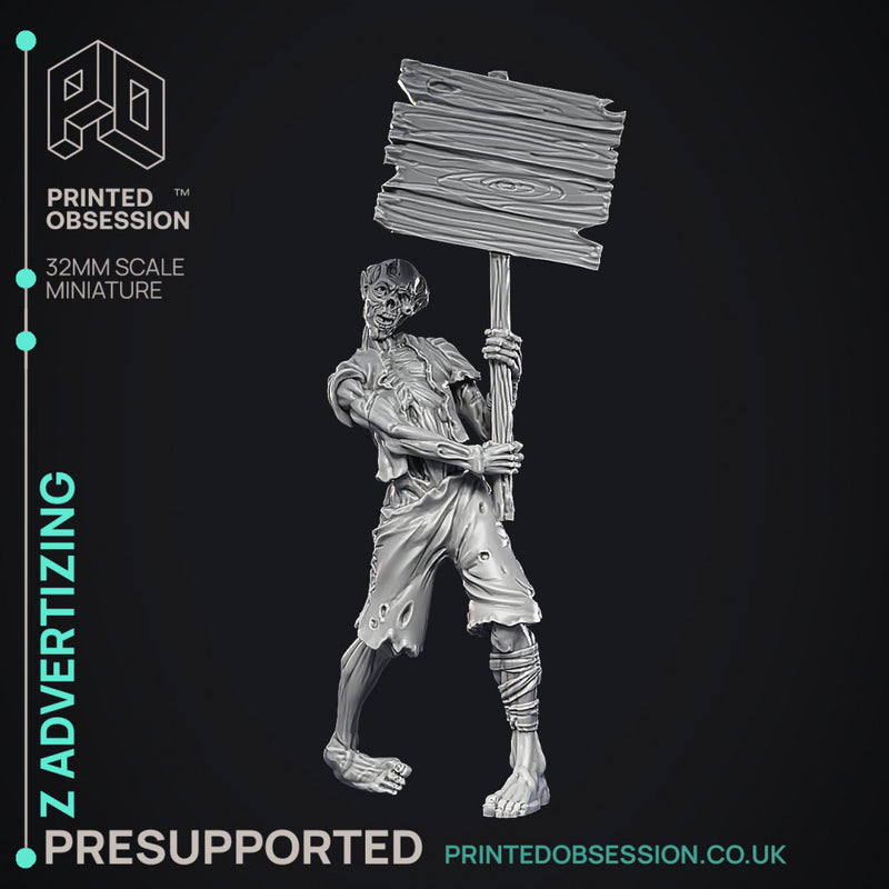 Zombie Advertising - Undead NPC -  PRESUPPORTED - Illustrated and Stats - 32mm scale