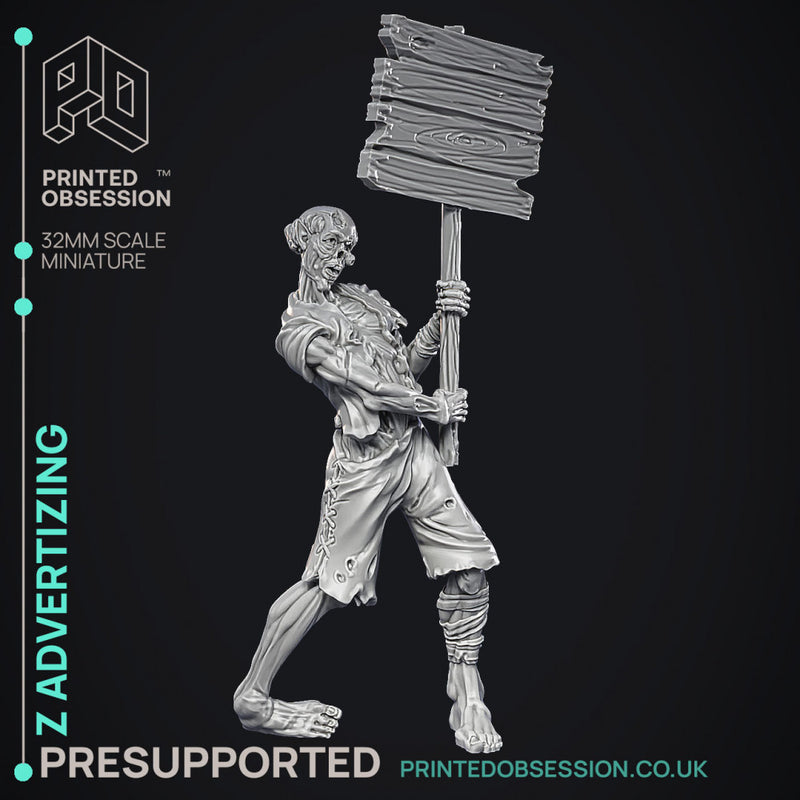 Zombie Advertising - Undead NPC -  PRESUPPORTED - Illustrated and Stats - 32mm scale