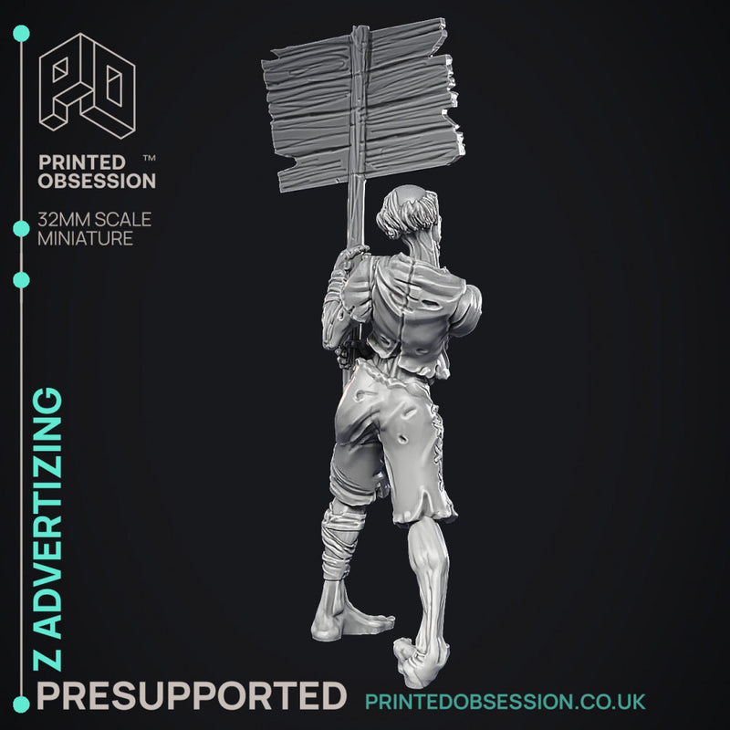 Zombie Advertising - Undead NPC -  PRESUPPORTED - Illustrated and Stats - 32mm scale
